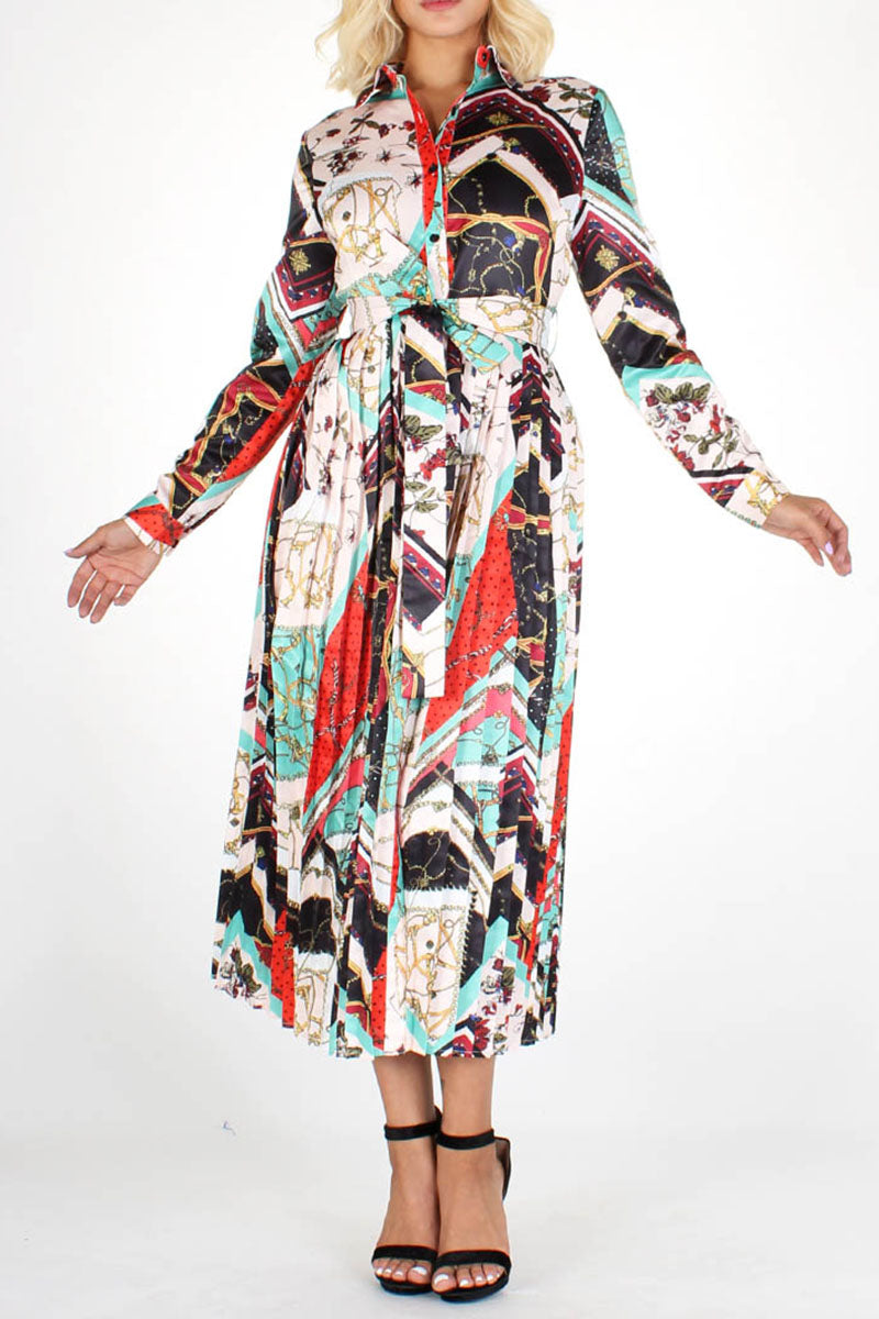 open lace back dress Chain Multi-Print Pleated Midi Dress with Belt S