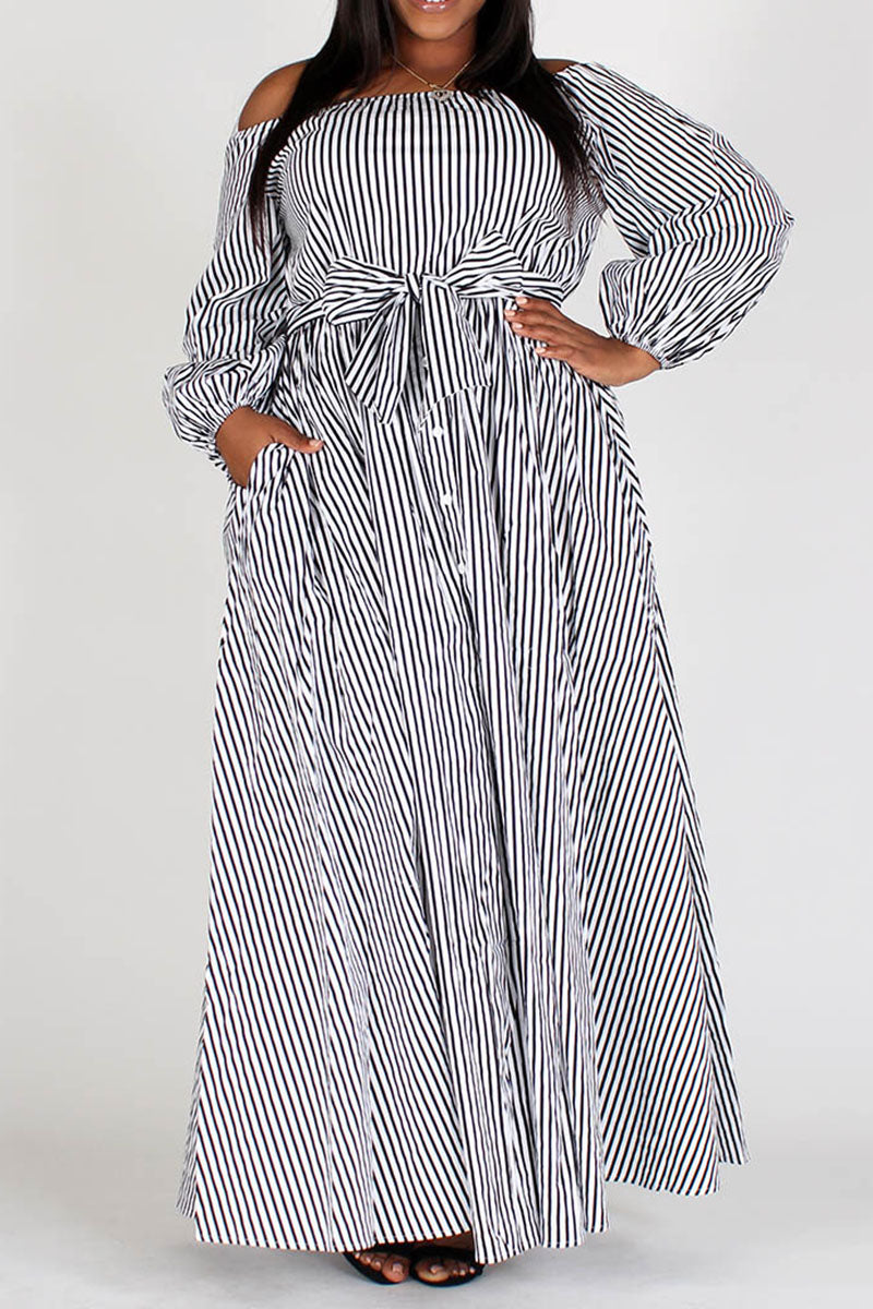 Black and White Striped Off-Shoulder Dress 1X