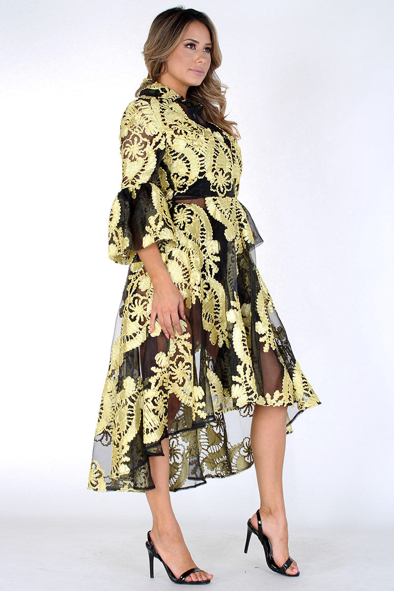 slim fit dress slacks Black and Gold Sheer Organza Dress S