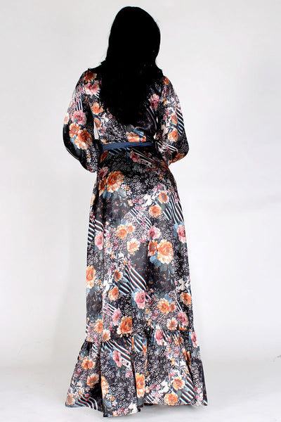 Floral and Denim Accent Maxi Dress