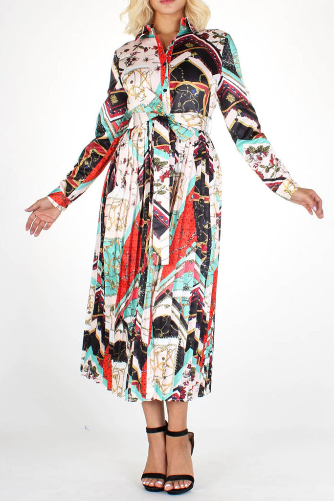 chain print pleated dress The Mila Chain Print Pleated Long Sleeve Stretch Silk Midi Dress (Women)