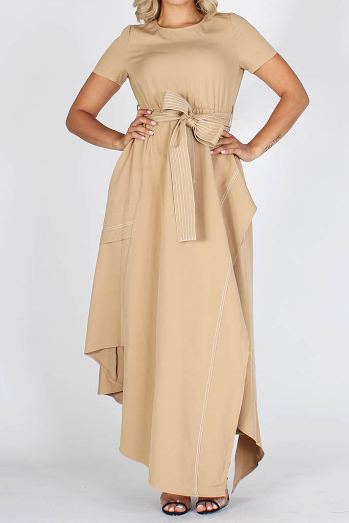 Tan Round Neck Asymmetrical Hem Dress with Belt L Tan Round Neck Asymmetrical Hem Dress with Belt L