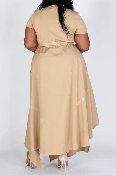 Tan Round Neck Asymmetrical Hem Dress with Belt (Plus Size)