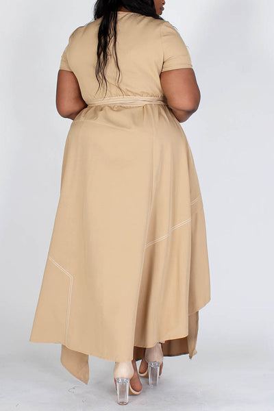 Tan Round Neck Asymmetrical Hem Dress with Belt (Plus Size)