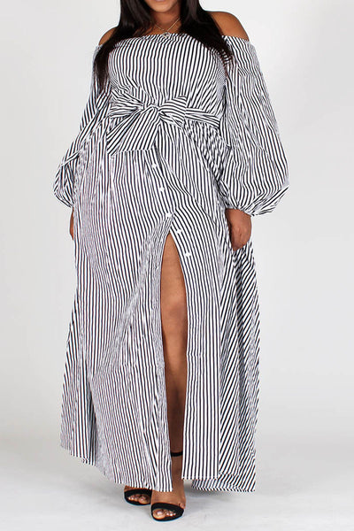 Black and White Striped Off-Shoulder Dress