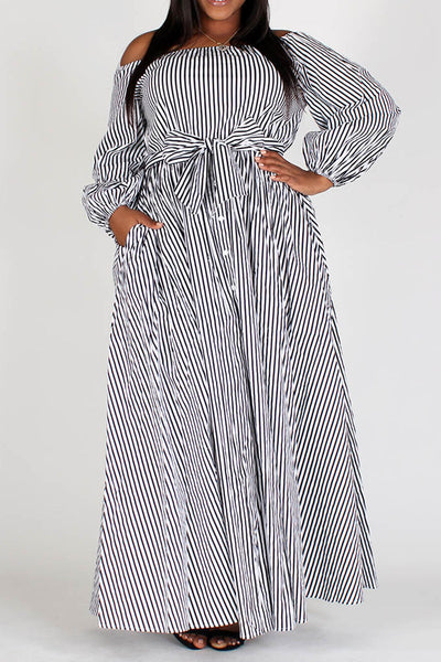 Black and White Striped Off-Shoulder Dress
