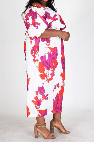 Floral Print off Shoulder Midi Dress "In Full Bloom" Plus Size