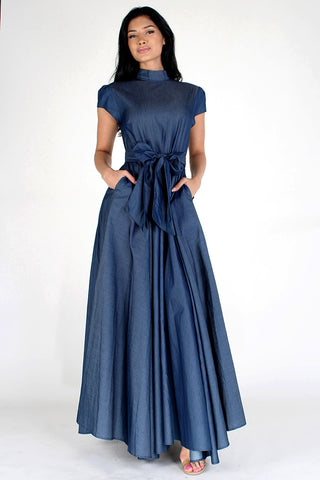 Denim"a-line" Maxi Dress with Waist Pockets