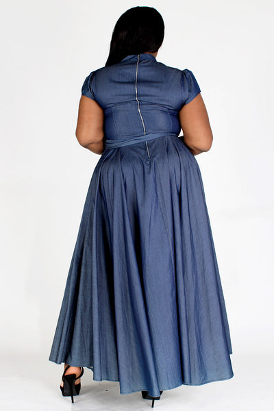 Denim"a-line" Maxi Dress with Waist Pockets (1X-3X)