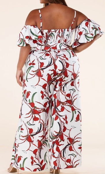 White and Red Floral Pant Set - Plus size.