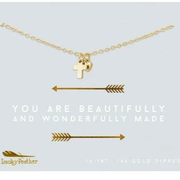 Lucky Feather "Beautifully and Wonderfully Made" Gold Necklace with Cross and Heart Pendant