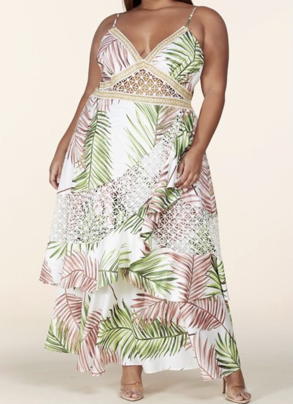 Summer Leaves Pink and Green Maxi Dress - Plus Size 2XL Summer Leaves Pink and Green Maxi Dress - Plus Size 2XL