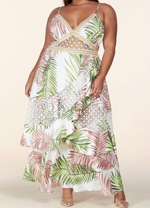 "Summer Leaves" Pink and Green Maxi Dress - Plus Size