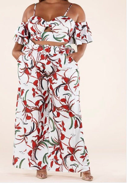White and Red Floral Pant Set - Plus size.