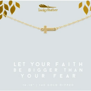 Lucky Feather "Let Your Faith Be Bigger Than Your Fear" Gold Sideway Cross Necklace.