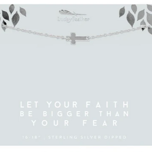 Lucky Feather "Let Your Faith Be Bigger Than Your Fear" Silver Sideway Cross Necklace.