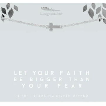 Lucky Feather "Let Your Faith Be Bigger Than Your Fear" Silver Sideway Cross Necklace.