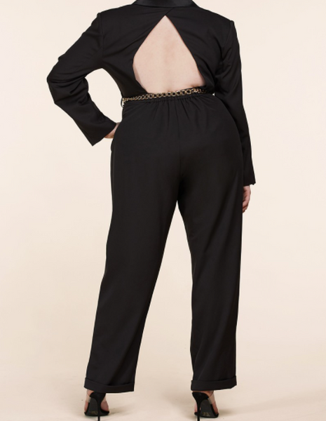 Black Blazer Jumpsuit with keyhole back cutout (Plus Size).