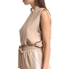 Gracia Sleeveless Open-Back Shirt with Glitter Side Trim  (Taupe)
