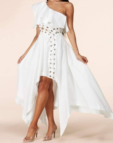 White with Gold Detail One -Shoulder Dress