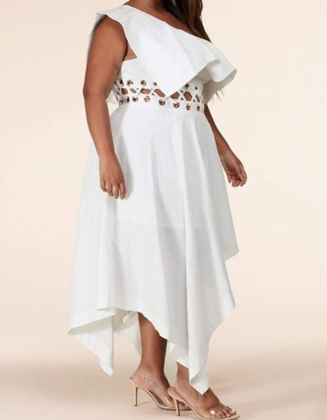 White with Gold Detail One -Shoulder Dress